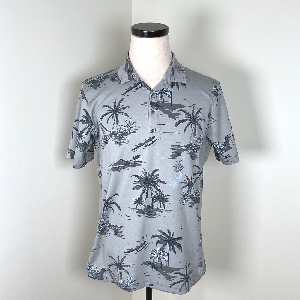 Travis Mathew Mens Gray Hawaiian Print Golf Polo Shirt‎ Short Sleeve